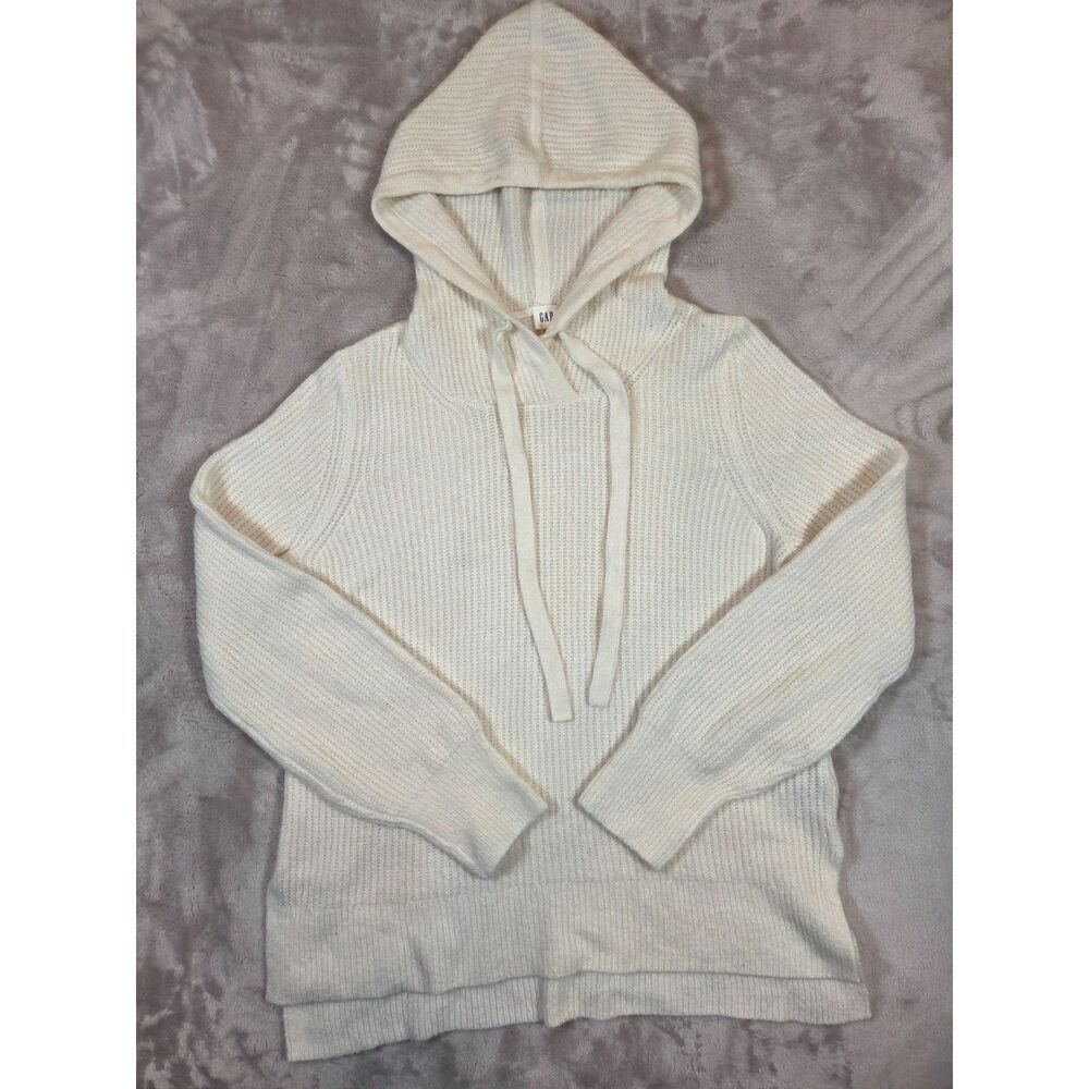 GAP Women’s Hooded Sweater Medium Ivory Cream Chunky Knit Side Slit